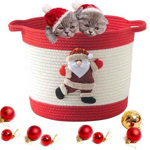 Christmas Basket with Santa Claus Doll, Woven Cotton Rope Christmas Storage Basket with Handles, Christmas Toy Baskets for Baby Towels, Diapers, Pet Toy Storage Basket, Red