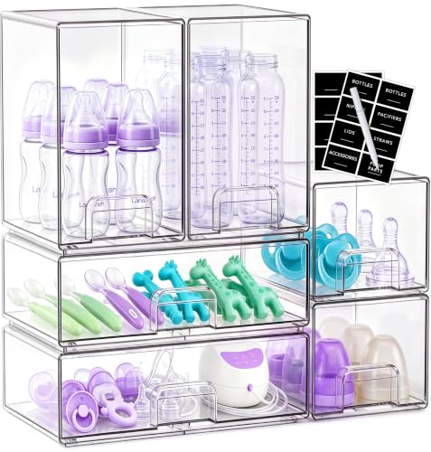 Yasali 6-Pack Stackable Baby Bottle Organizer Storage Drawer - Clear, Space-Saving