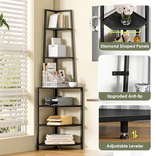 VECELO 6-Tier Corner Shelf Black 69 Inch Industrial Bookshelf for Small Spaces