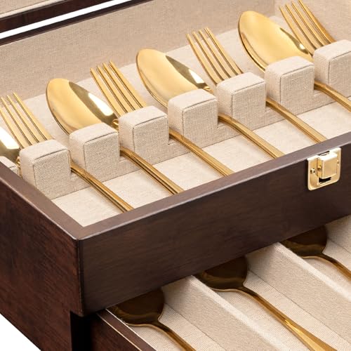 2-Layer Walnut Silverware Storage Box with Drawer and Linen Liner
