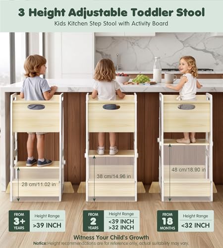 White Toddler Kitchen Helper Stool - Adjustable 3-Level Wooden Learning Step for Kids