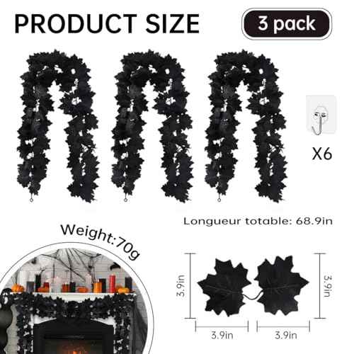 3PCS Fall Leaf Garland Fall Wall Hanging Artificial Black Maple Leaf Vine 6.56FT Thanksgiving Decor for Home Wedding Party Black Garland for Halloween Thanksgiving