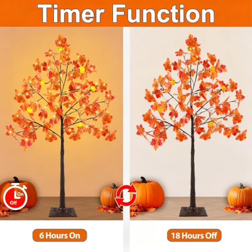 2 Pack 4ft Prelit Fall Maple Trees with Pumpkins & Acorns - Outdoor Indoor Decor