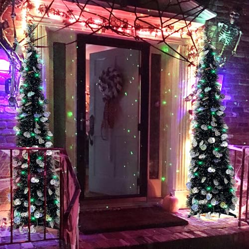 Lighted up Christmas Tree for Indoor Decoration 5FT Pre-lit Mini Balck Pop up Tree with 60 Lights,Black Tinsel with Silver Laser Skull Collapsible Tree Halloween Decorated Tree