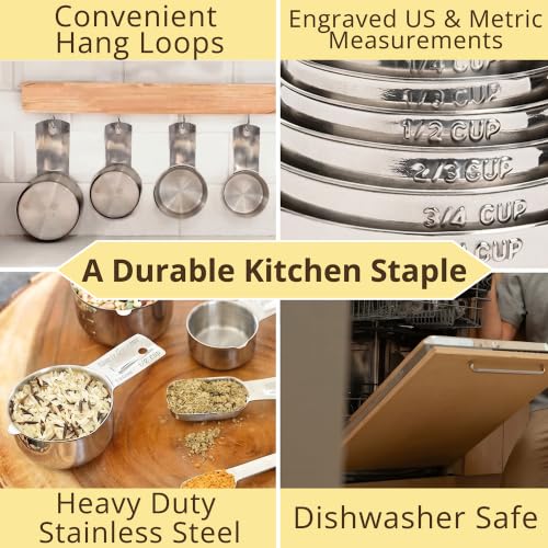 15 Piece Stainless Steel Measuring Cups and Spoons Set - Stackable Kitchen Gadgets for Liquid & Dry Ingredients - Includes Leveler - Dishwasher Safe - Premium Quality