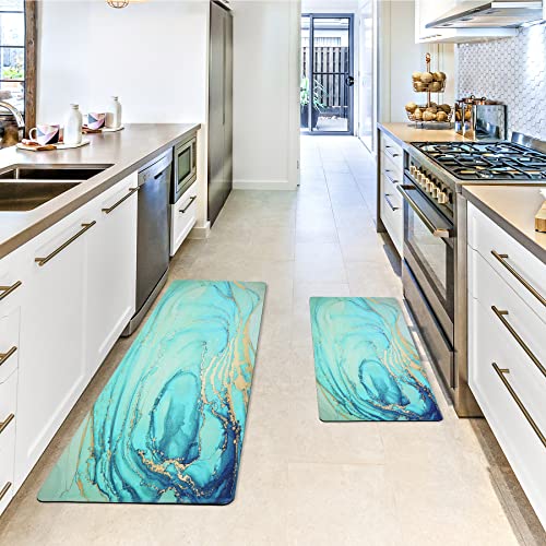 Teal Anti-Fatigue Kitchen Mat Set of 2 - 17.3 x 29 & 47 Inches, Non-Slip, Waterproof