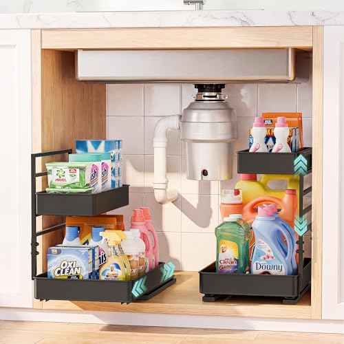 EVERIE 2 Sets Height Adjustable Metal Pull-Out Under Sink Cabinet Organizer, Black