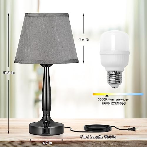 Gray Touch Table Lamp with USB-C Port for Bedroom - Small Bedside Light