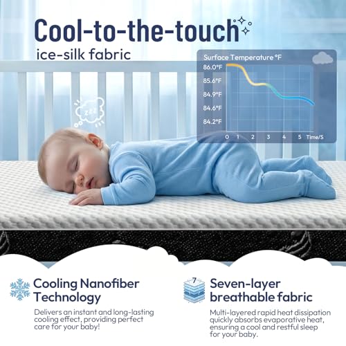 Baby Crib Mattress 52 x 27 Dual-Sided Memory Foam with Waterproof Cover - Black & White Variation