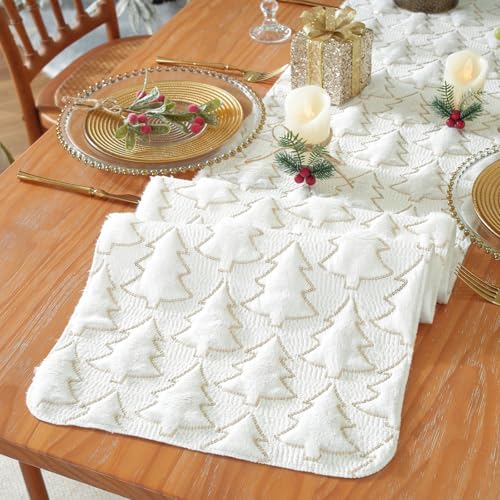 Christmas Tree Table Runner, 90 Inches Long Plush Gold Sequin Glitter Table Runners for Dining/Parties/Holiday Decorations (White, 13" x 90", Table Runner)