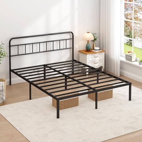 King Bed Frame with Classic Headboard - 12 Inch Support, Black