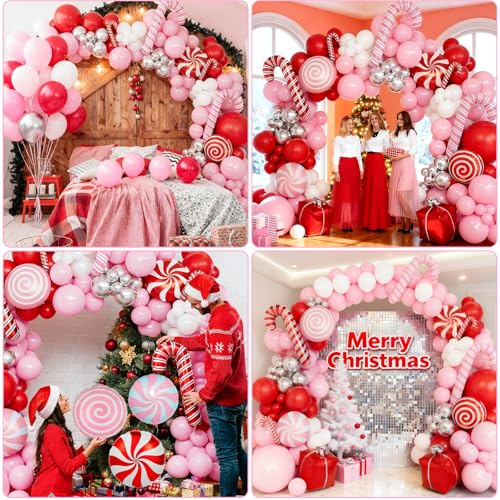 Pink Christmas Balloon Arch Kit 150pcs – Candy Cane & Lollipop Foil Balloons