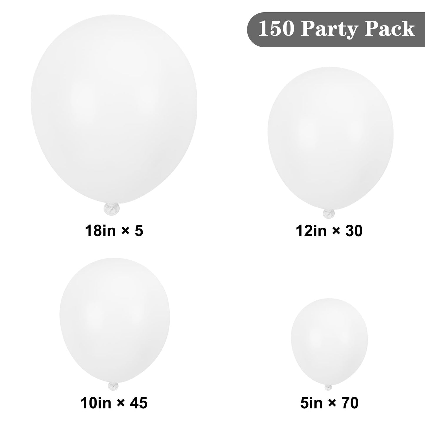 APLANET 150pcs White Balloons Different Sizes 18 12 10 5 Inch, Latex Balloons for White Themed Birthday Wedding Baby Shower Party, Grad Anniversary Supplies, Arch Kit Decoration