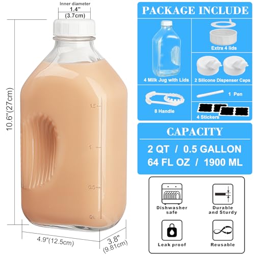 Syntic 4 Pack 64 Oz Glass Milk Bottles with Lids,Pour Spouts & Scale