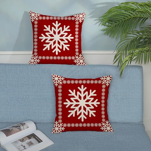 Christmas Pillow Covers - 20x20 Set of 2 Winter Snowflake Pillowcases - Red Throw Pillows - Farmhouse Holiday Linen Decorations - Outdoor Cushion Covers for Sofa Couch Home