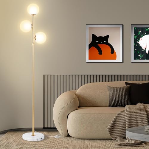 Vallerico 3-Globe Mid Century Floor Lamp - Gold Finish, Adjustable Height, Marble Base