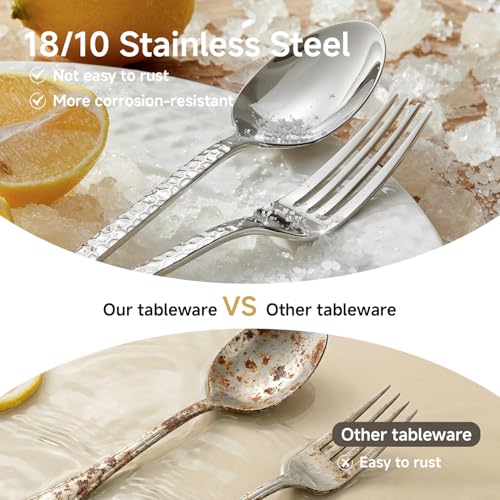 Silver Hammered Flatware Set for 12 - 60 Pieces Stainless Steel Cutlery