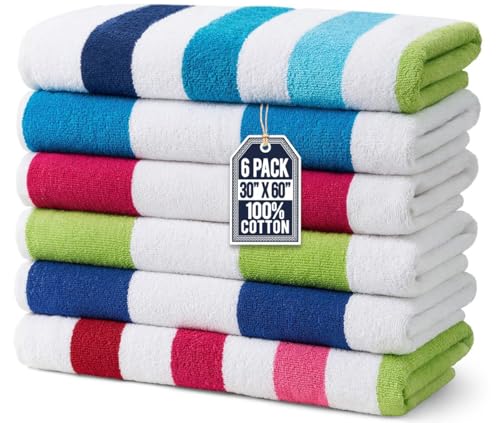 Ben Kaufman 6 Pack Oversized Striped Cotton Beach Towels - Soft, Absorbent, Quick-Drying for Adults & Kids