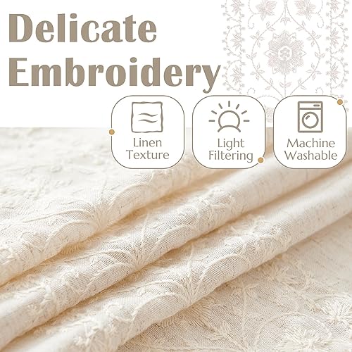 Linen Floral Embroidered Window Curtains - 54x84 Inches, 2 Panels