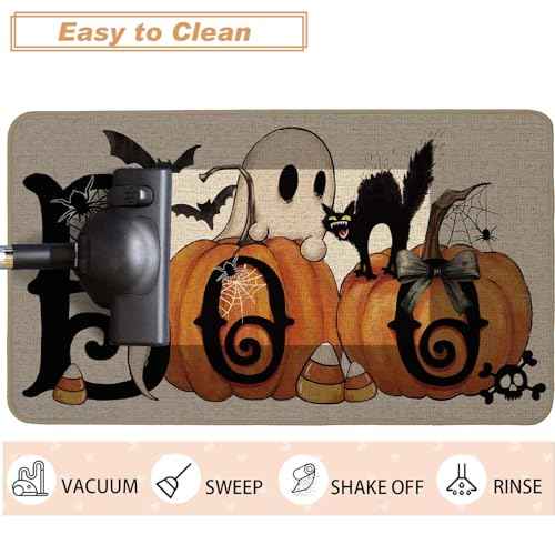 Baccessor Halloween Pumpkins Welcome Doormat 17x29 Inch, Boo Ghost Black Cat Decorative Front Door Mat Non Slip Rubber Backing Fall Seasonal Entryway Floor Decoration