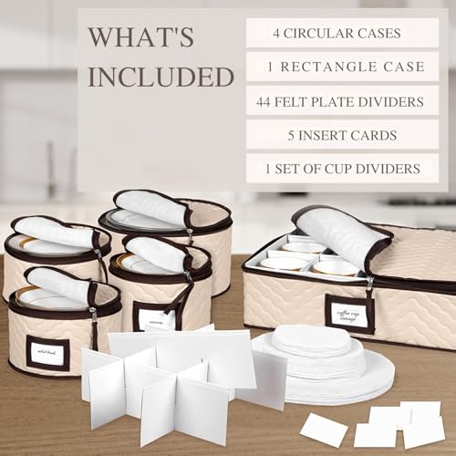 Beige 5-Piece China Storage Container Set Quilted Dinnerware Organizer