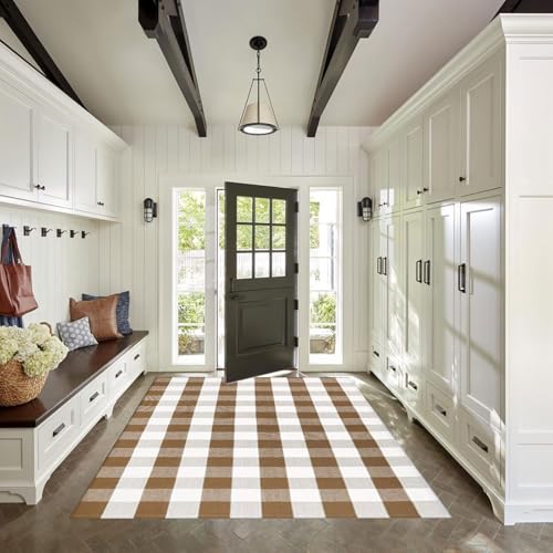 4' x 6' Buffalo Plaid Outdoor Rug - Brown & White Checkered Farmhouse Mat