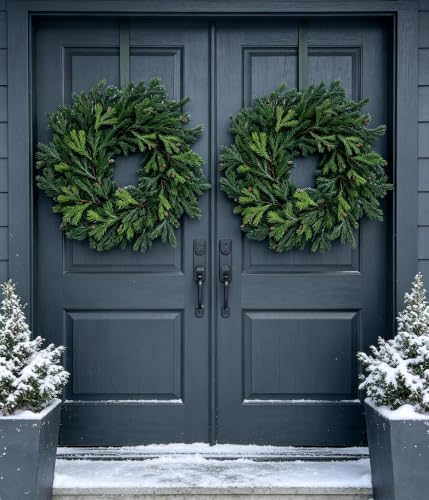 26" Lifelike Touch Artificial Christmas Cedar Wreath for Front Door Decor - Cllenarun