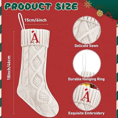 Personalized Christmas Stockings with Initials, 18 Inches Large Embroidered Monogrammed Cable Knit Christmas Stocking for Family, Xmas Holiday Party Gifts & Decoration for Fireplace(White,Letter A)