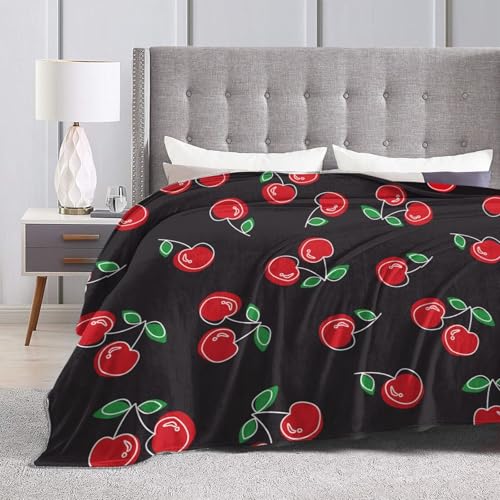 GVGOAGL Red Cherry Black Lightweight Throw Blanket 80x60 for Adults - Cozy Flannel Bed Cover