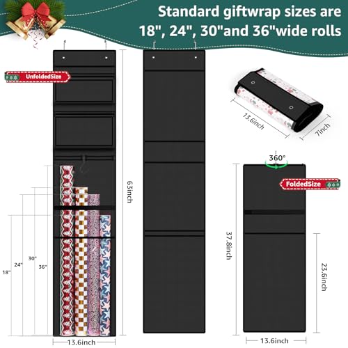Black Hanging Wrapping Paper Organizer Storage Over Door Gift Wrap Roll Holder