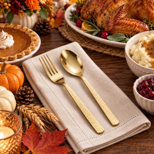 Gold Plastic Spoons and Forks Set - Disposable Silverware for Parties, 400 Pieces