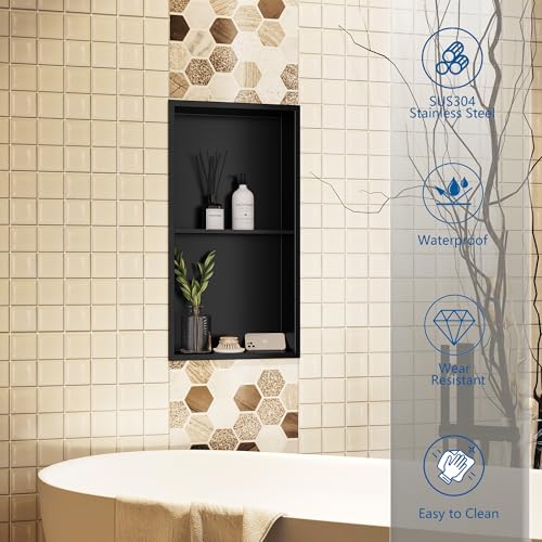 Neodrain 12x24-In Matte Black Stainless Steel Shower Niche - 2-Tier Recessed Wall Storage