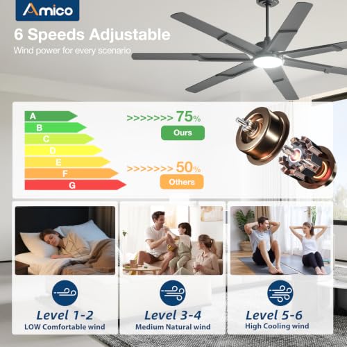 Amico 66 Inch Ceiling Fans with Lights and Remote, Black