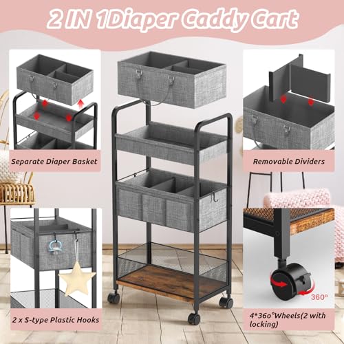 LIDTOP 2-in-1 Baby Diaper Caddy & 3-Tier Rolling Organizer Cart - Black