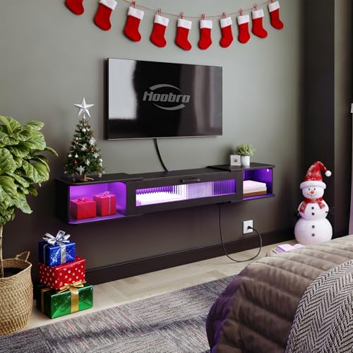 HOOBRO 55.1 Inch Floating TV Stand with LED Light & Power Outlets, Wall-Mounted Media Console for Up to 65" TVs, Black BK34UDDS01G1