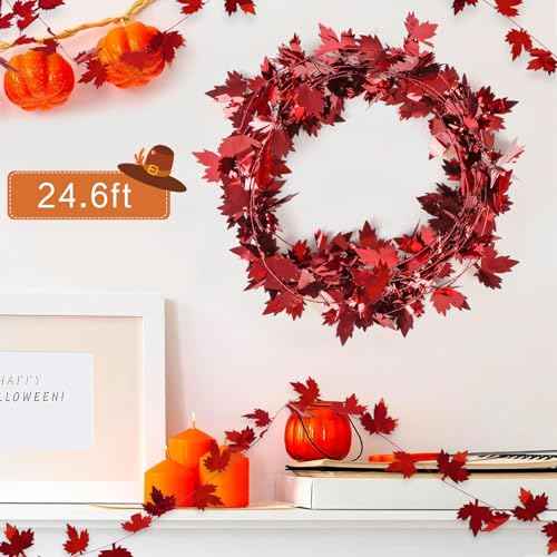 CCINEE 75 Feet Thanksgiving Wire Garland for Fall Decoration,Red Maple Leaf Wreath Hanging Metallic Tinsel Garland for Home Indoor Harvest Decor 3 Roll