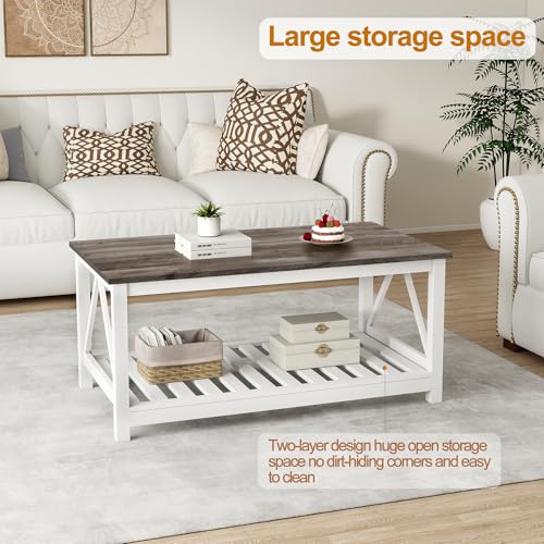 Farmhouse Coffee Table with Storage - White & Oak Grey, 39.4 inch