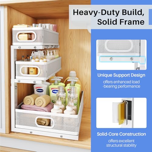 Under Sink Organizer 3-Tier Metal Pull-Out Shelf - White 2-Pack