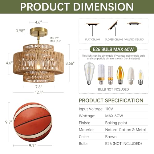 Brown 12.4 Inch Rattan Pendant Light for Kitchen Island - Boho Chandelier