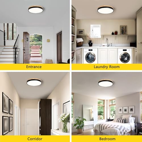 Black Wood Flush Mount Ceiling Light 11.81 Inch Non-Dimmable Modern Design