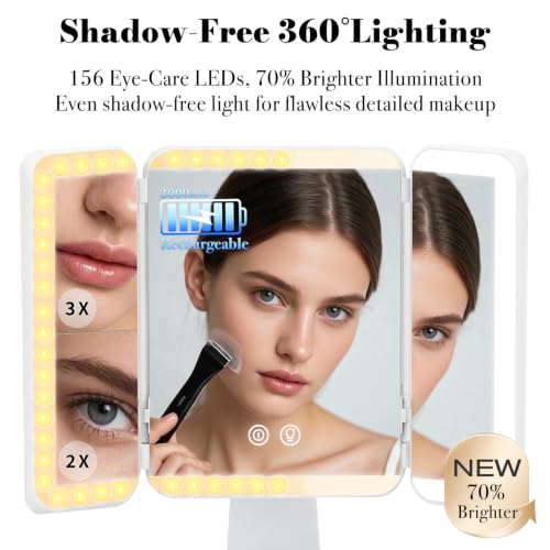 Rechargeable 15.6'' Lighted Makeup Mirror with LEDs & Trifold Design - White