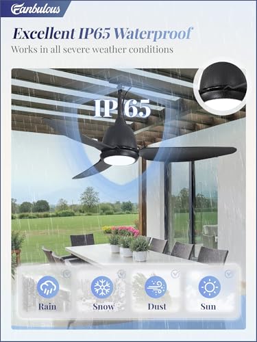 Fanbulous 42-Inch Black Outdoor Ceiling Fan with Lights, IP65 Waterproof, Remote Control