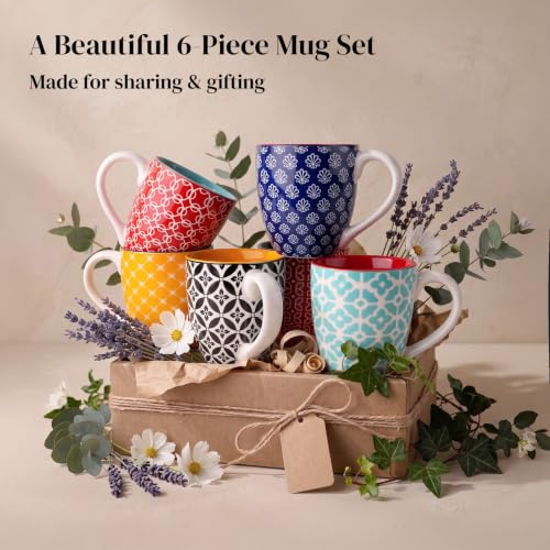 Vibrant Color 16 oz Boho-Mosaic Coffee Mug Set of 6 Large Ceramic Drinkware
