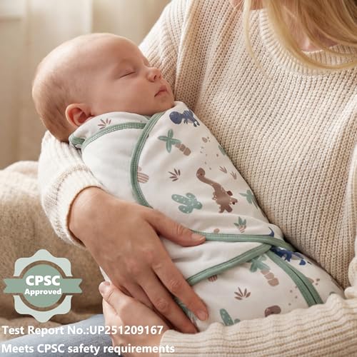 Baby Swaddle Sleep Sack 3-6 Months - Cotton Wrap with Adjustable Wings - Green Dinosaur 2 Pack