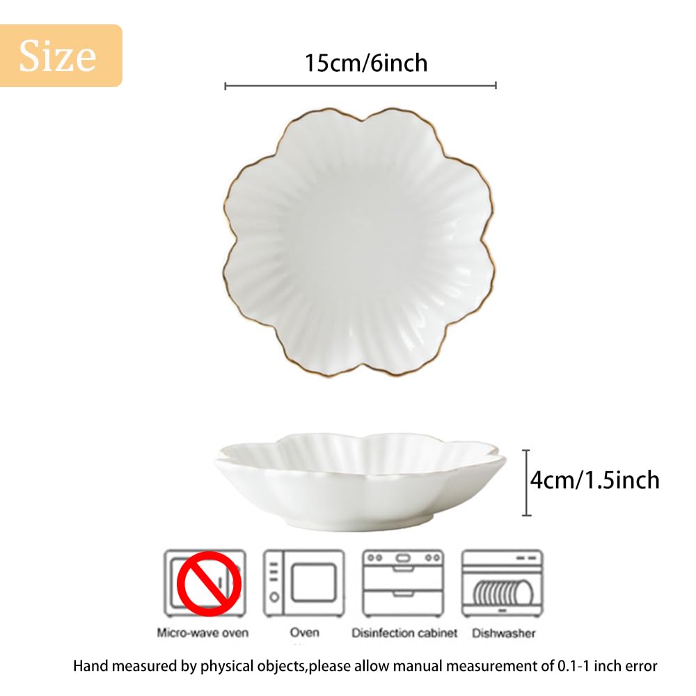HOKMOKQOK Porcelain Serving Dish,Ceramics Flower Relish Tray with Metallic Rim,Serving Bowls for Wedding,Party Perfect for Small Cereal, Pasta, Salad, Candy and Snacks White 6.6 inch (6.6 inch)