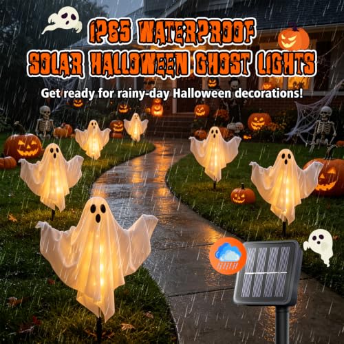 Halloween Ghost Solar Lights Outdoor 6 Pack - Warm White, Weatherproof & Adjustable Arms