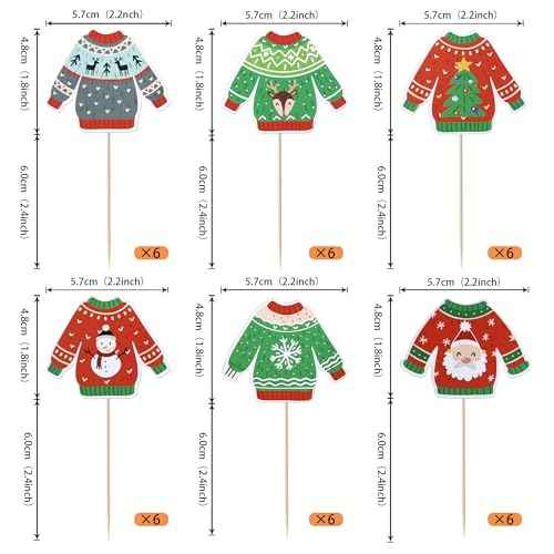 Rsstarxi 36 Pack Ugly Sweater Cupcake Toppers Deer Santa Claus Christmas Cupcake Picks Decoration Ugly Sweater Party Cake Decorations for Merry Christmas Xmas Party Decorations