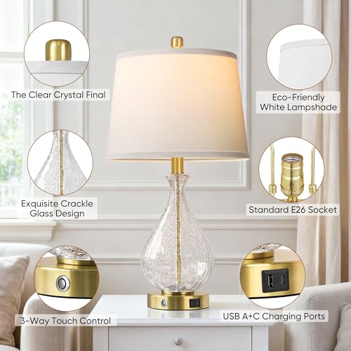 Gold & Clear Crackle Glass Bedside Lamps Set of 2 - Modern Touch Dimmable Nightstand Lights with USB Ports