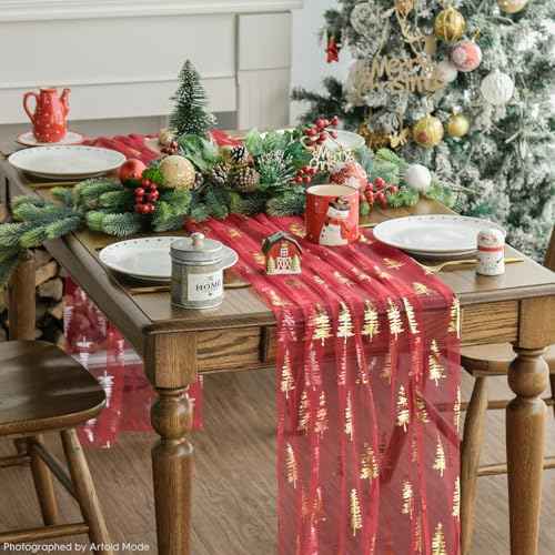 Artoid Mode Red Gold Christmas Tree Gauze Table Runner 120 Inch 10FT, Glitter Metallic Foil Seasonal Sheer Dining Holiday Table Decor for Home Party