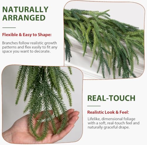 JOJOLEE 6ft Pre-Lit Norfolk Pine Garland with Timer - Real Touch Green Norfolk Garland, 1 Pack